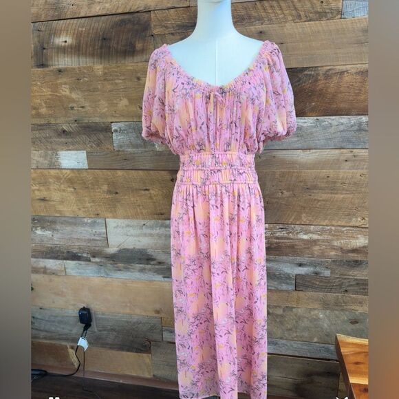 🌸 LAUREN CONRAD Conrad Pink Floral Smocked tea lenght  Midi Dress (XXL) - Picture 15 of 16